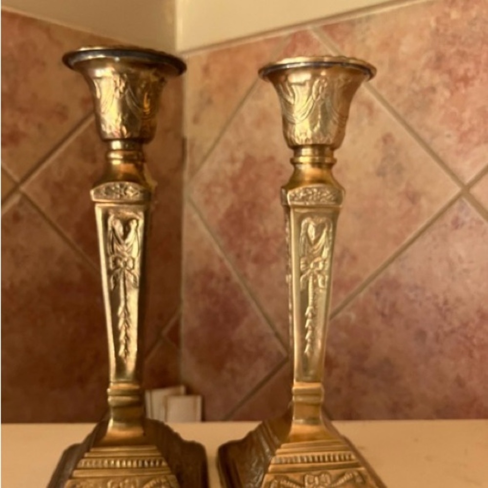 Pair Antique Brass Ornate Gold Candle Holders